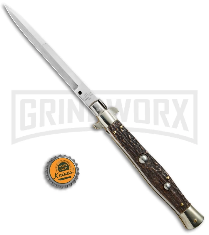 AGA Campolin 11" Italian Picklock Stag Horn Automatic Knife - Bayonet 2018 - Image 5