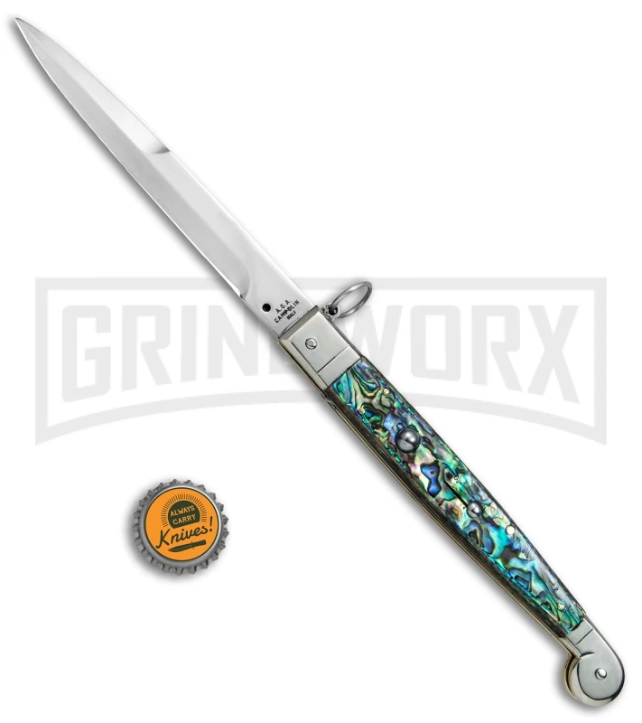A.G.A. Campolin 9" Abalone Sicilian Ring Pull Automatic Knife - Bayonet - Image 4