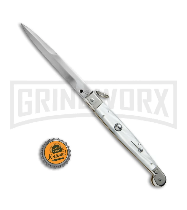 A.G.A. Campolin 9" Sicilian Ring Pull White Pearlex Automatic Knife - Bayonet - Image 5
