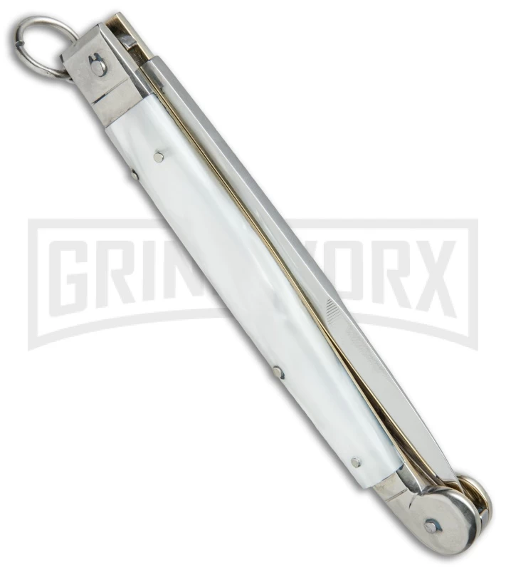 A.G.A. Campolin 9" Sicilian Ring Pull White Pearlex Automatic Knife - Bayonet - Image 4