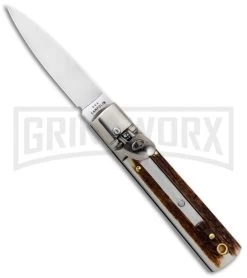 AGA 6" Mini Classic Lever Lock Stag Automatic Knife - Satin Plain