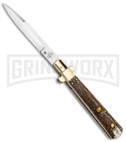 AGA Campolin 11" Frosolone Stag/Brass Stiletto Automatic Knife - Bayonet