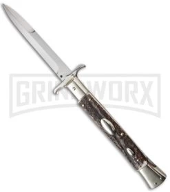 AGA Campolin 13" Stiletto Bat Swinguard Stag Horn Automatic Knife - Bayonet