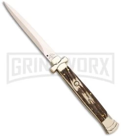 A.G.A. Campolin 11" Stag Automatic Cross Stiletto Knife W/ Lockback (Dagger)